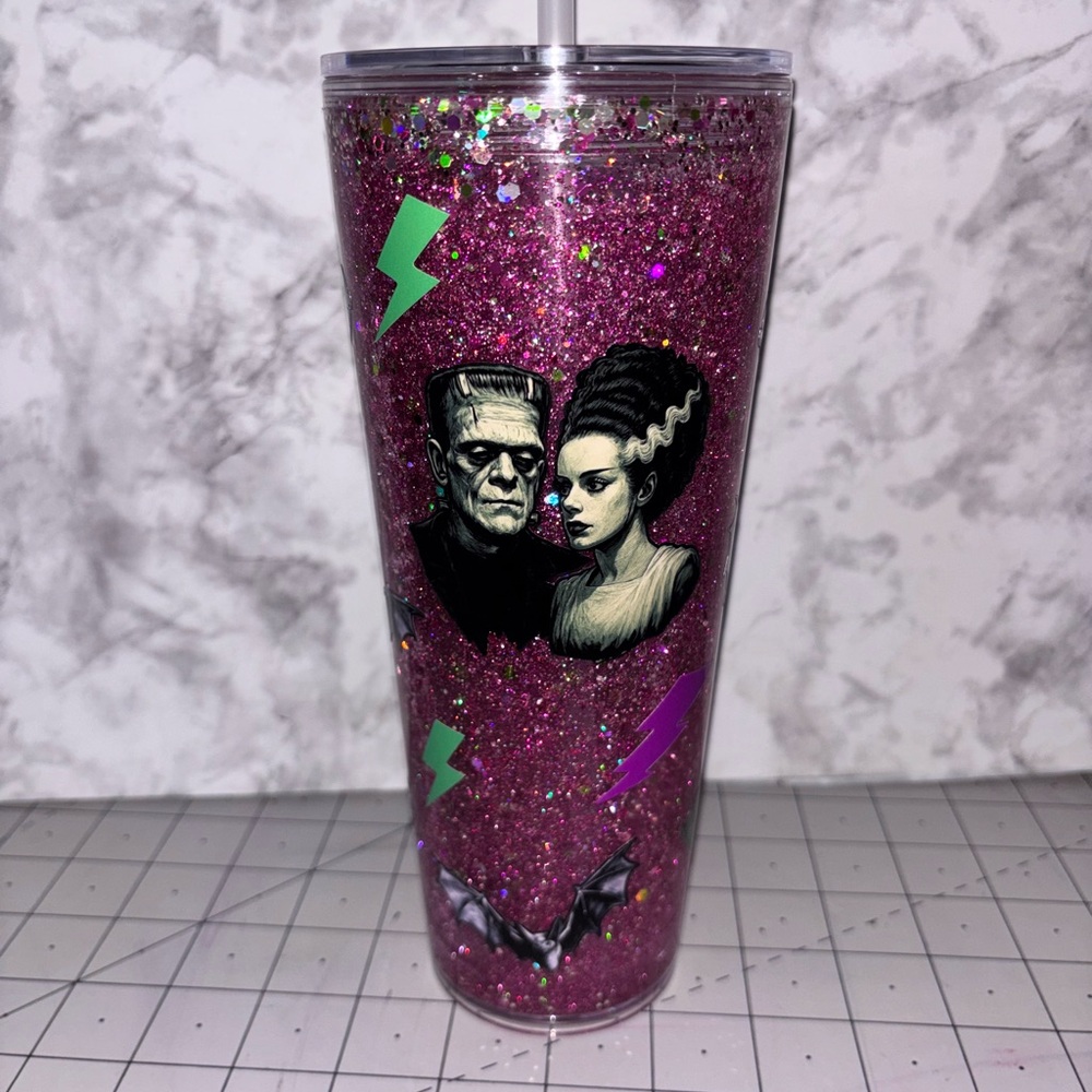 Frankenstein and bride glitter snow globe cup